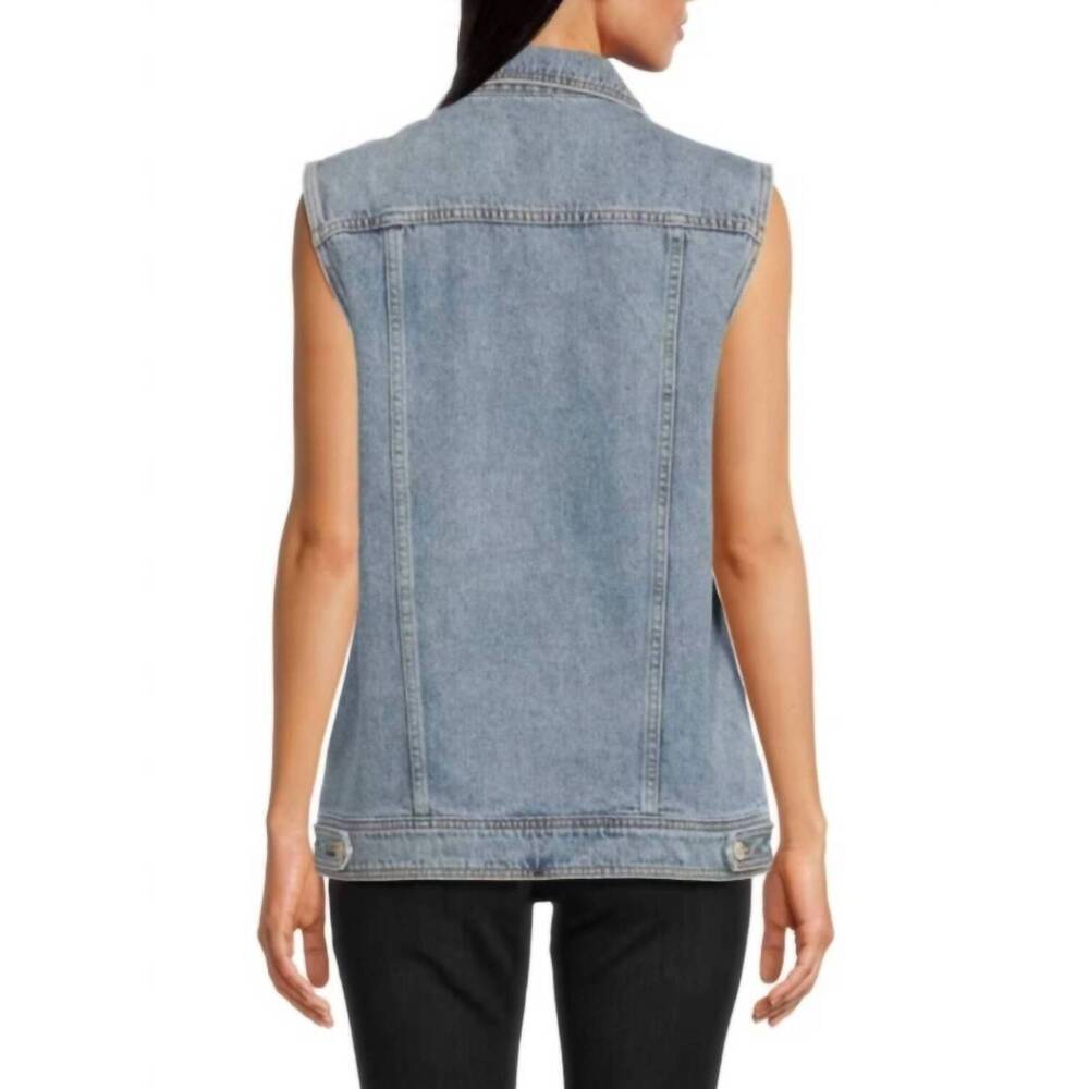 NEW AMANDA UPRICHARD rhinestone embellished button greyson denim vest in blue - Picture 5 of 5